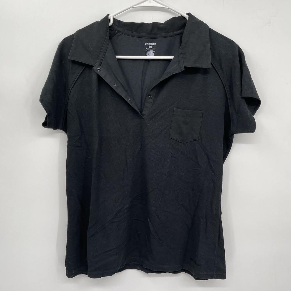 Patagonia Large Polo Shirt Womens Black Organic Cotton Blend Snap Placket Pocket